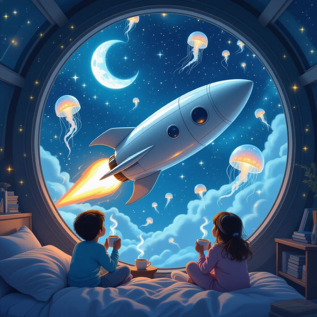 Cosmic Crescent Rocketship Adventure in Space