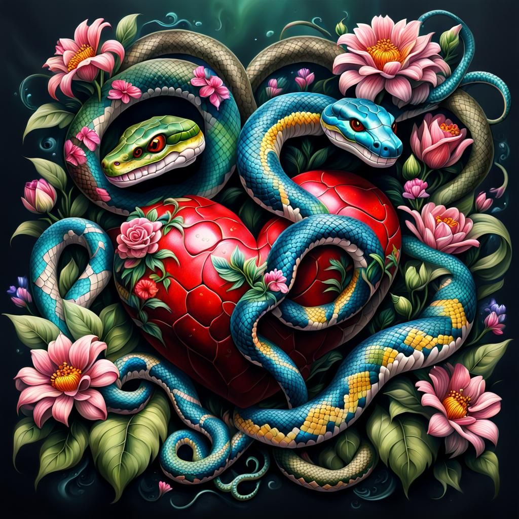 Tattoo Heart with Snake and Flowers in Oil Painting Style