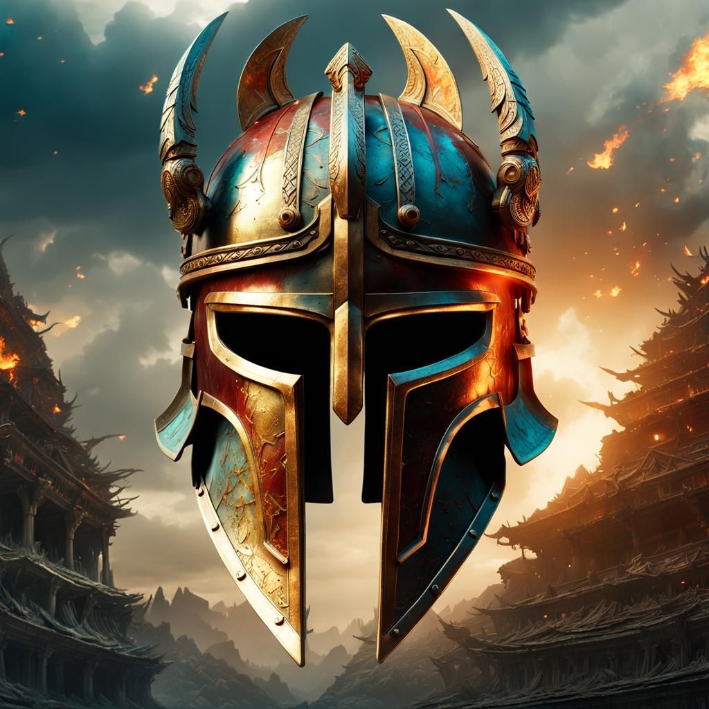 Fiery Battleground: Ancient Spartan Helmet in Maximalist Sty...
