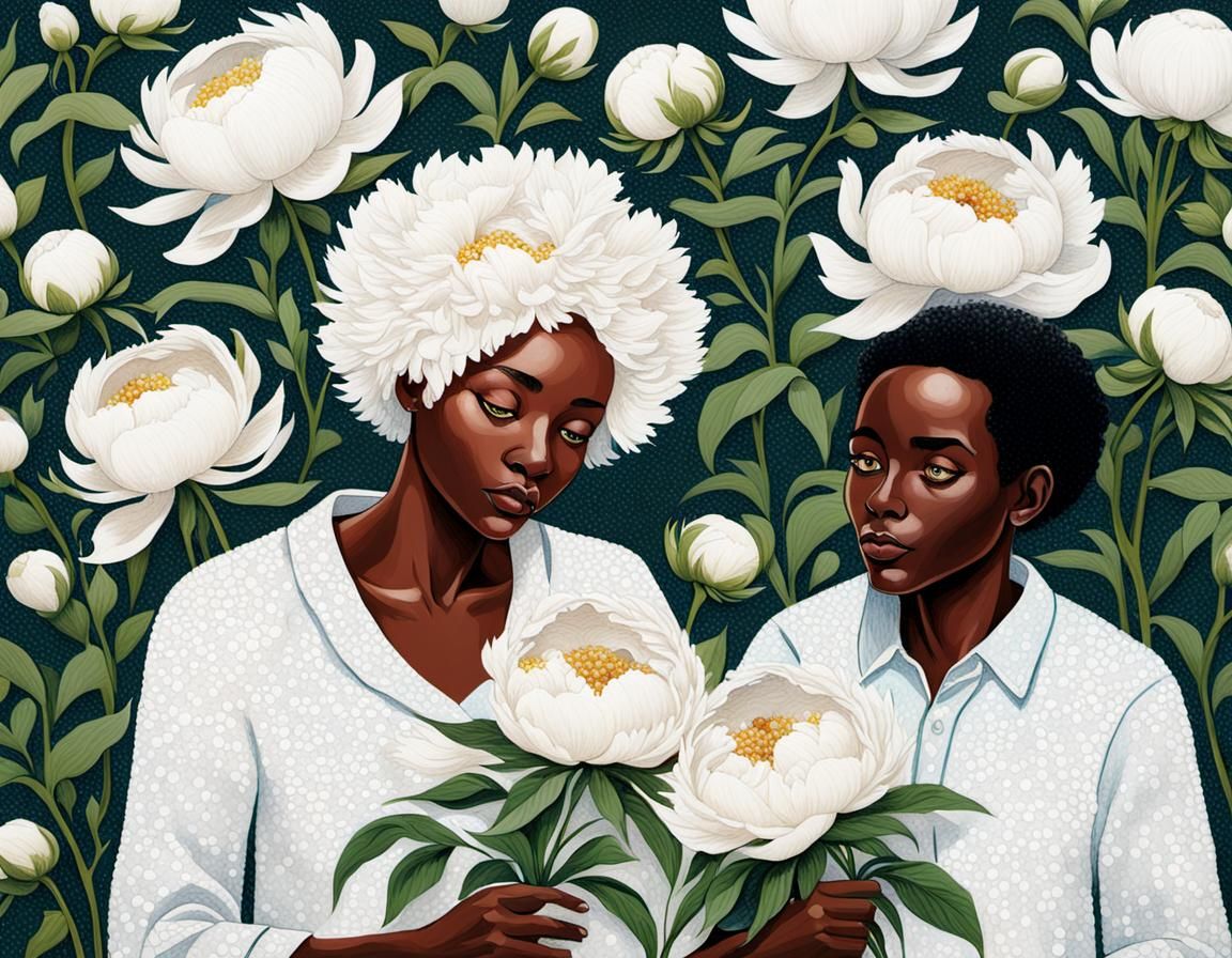 Melanin Mother Receives Peonies in Pointillism Style