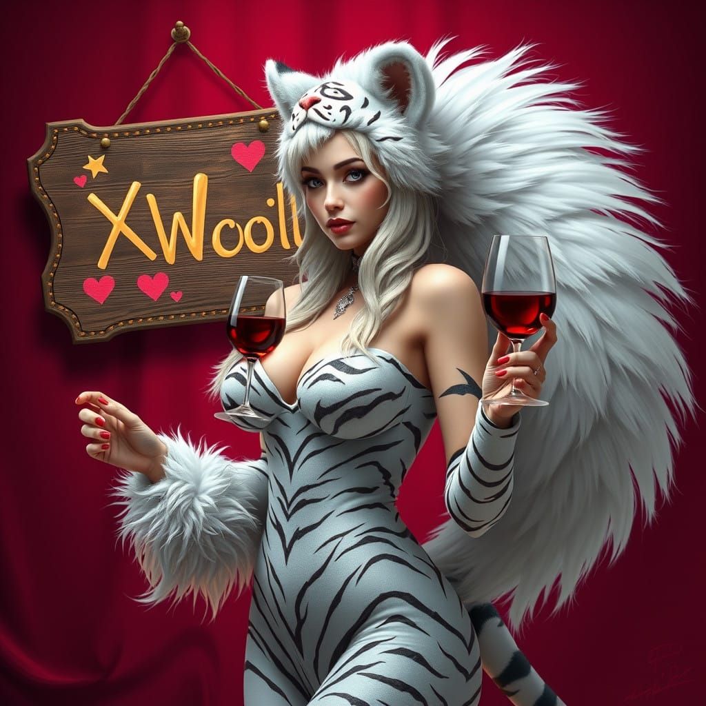 White Tiger Cosplay with Wine in a Whimsical Fantasy Scene