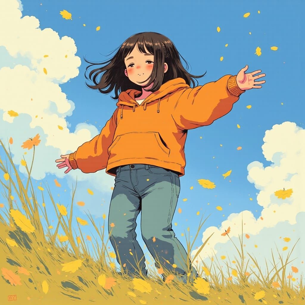 Child Plays on Windy Day: Vibrant Oil Painting