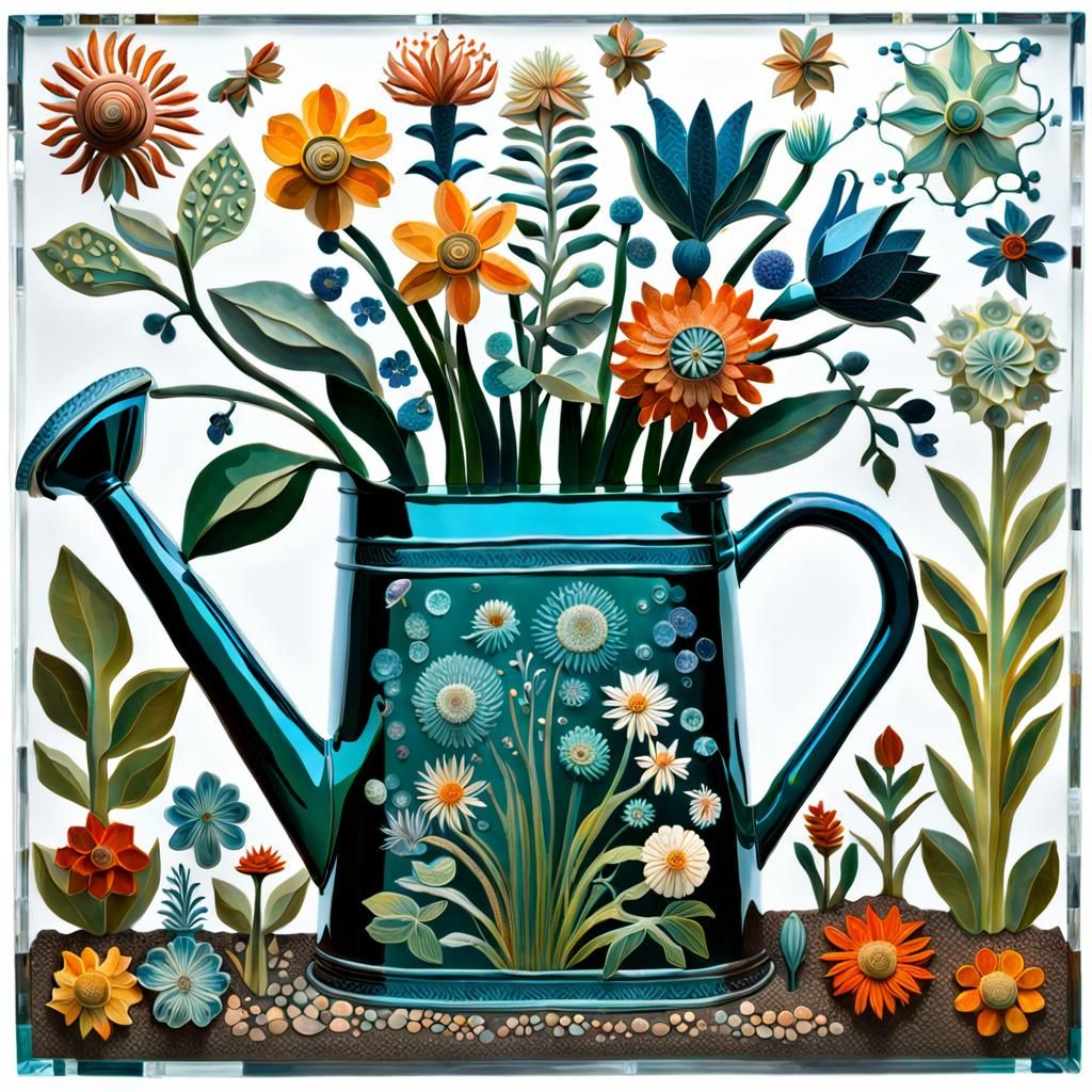 Whimsical Watering Can Folk Art Illustration