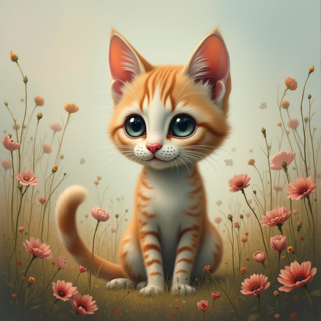 Whimsical Surreal Painting of a Happy Kitten