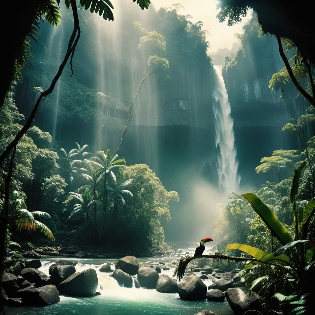 Lush Rainforest Scene with Toucan in Kodachrome Style