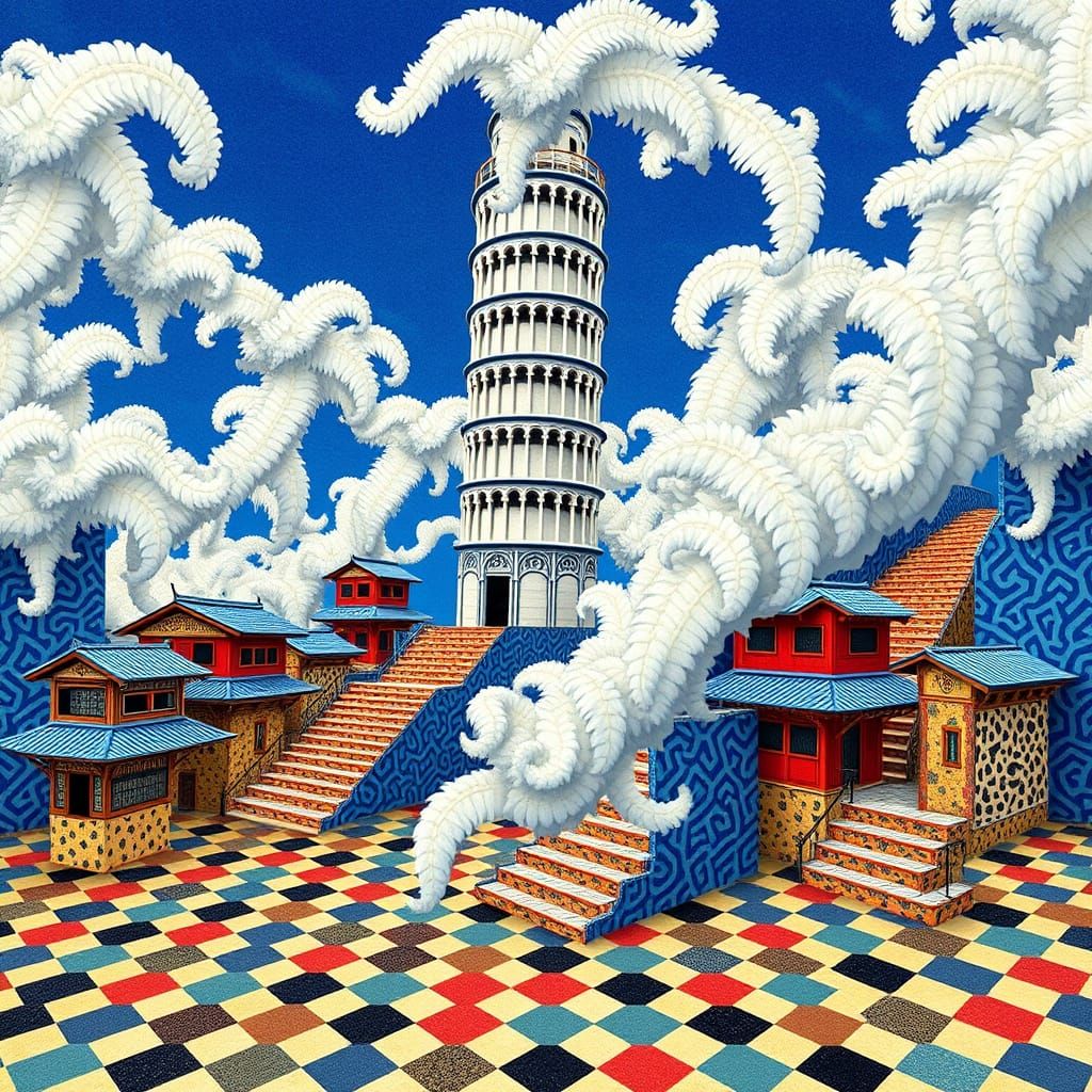 Ukiyo-e Leaning Tower with Tessellated Patterns