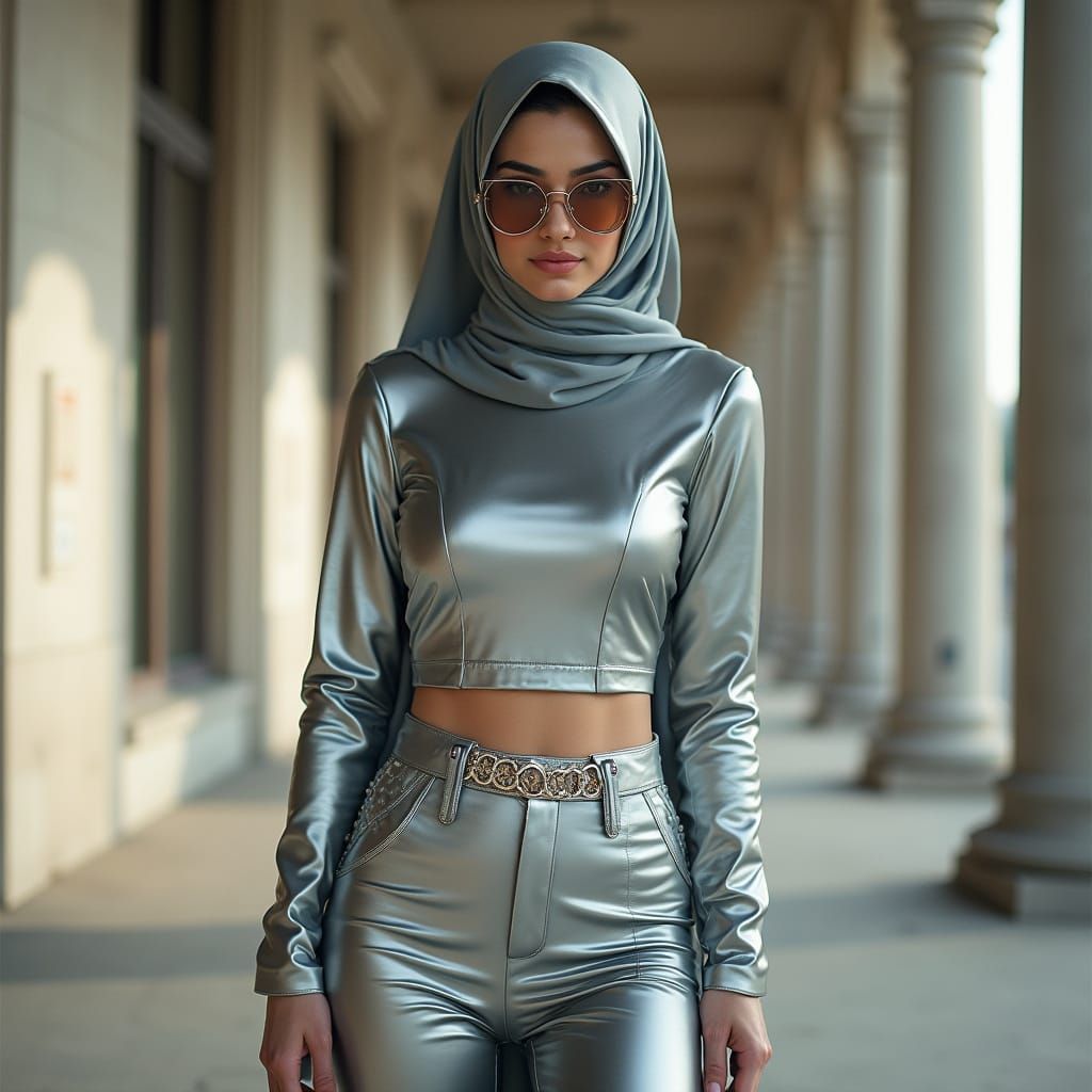 Futuristic Hijabi Woman in Silver Latex, Avant-Garde Fashion