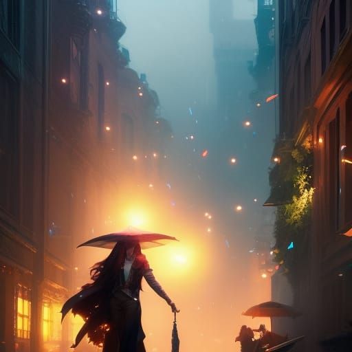 Jewelry Rain in Dark Alley, Art Nouveau Style