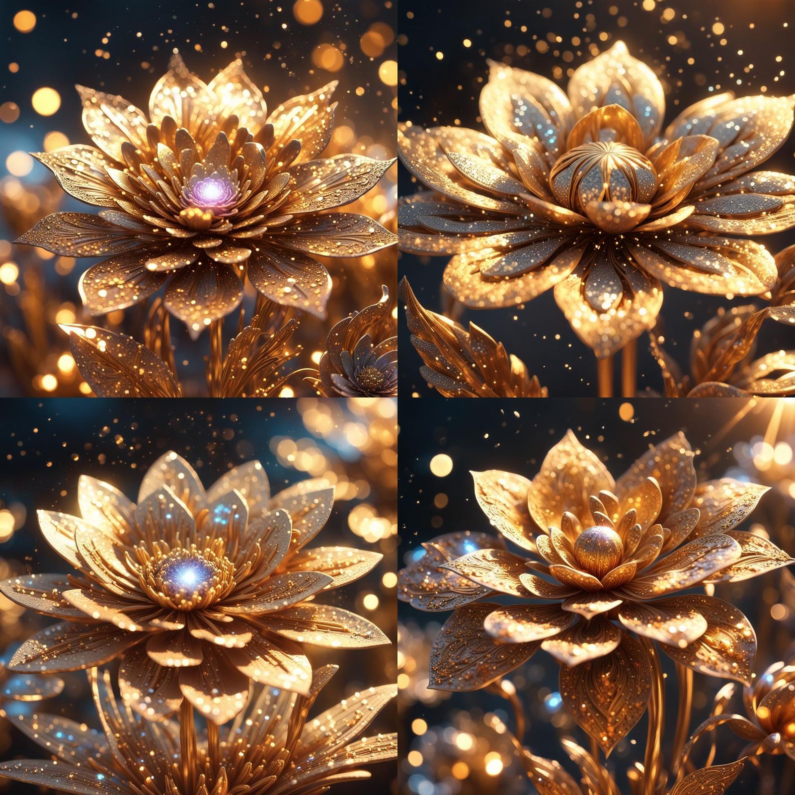Golden Metal Flowers with Glitter in Golden Hour