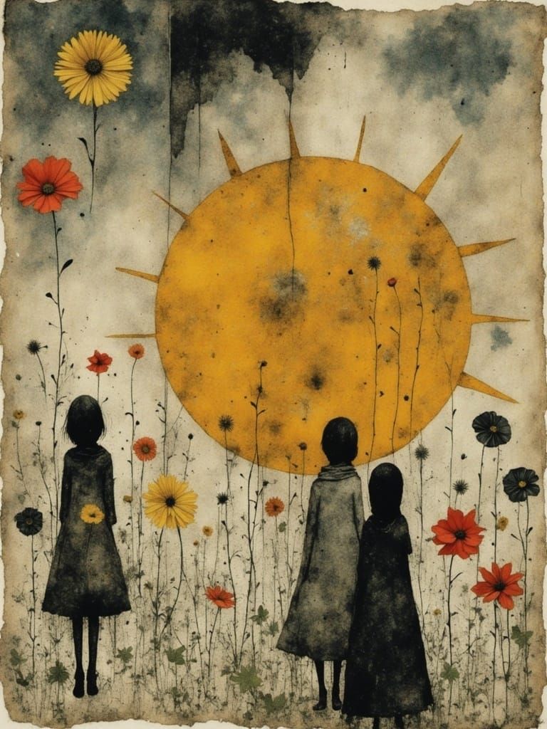 Golden Dadaist Poster with Poppy Flowers and Cursive Writing