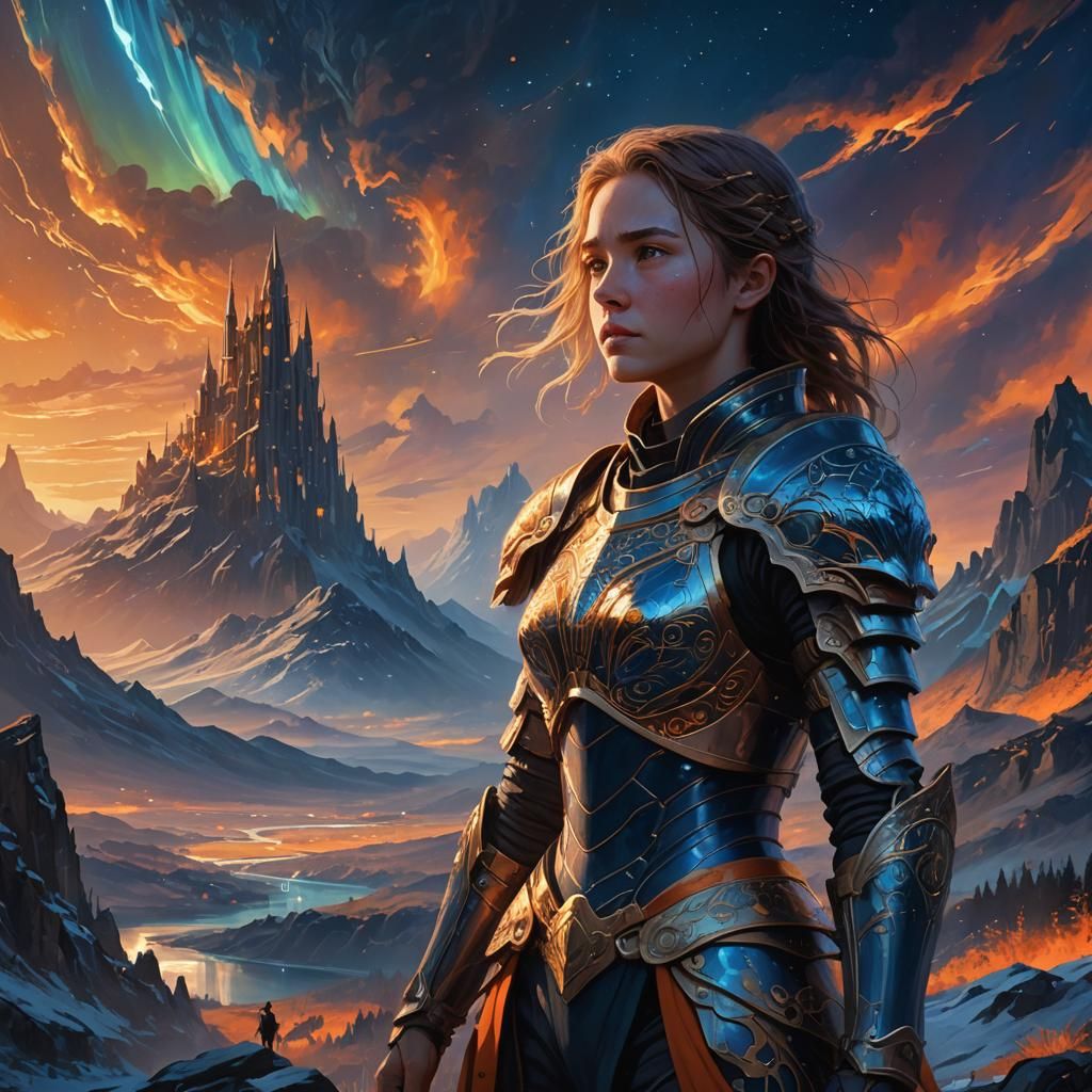 Heroic Woman in Fantasy Landscape Digital Painting