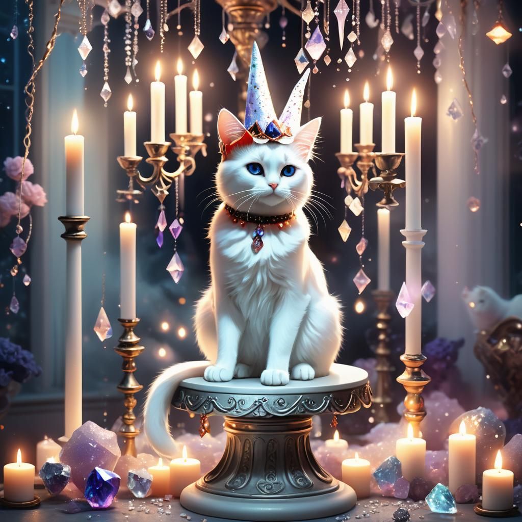 Enchanting White Cat Witch in Crystal Chamber
