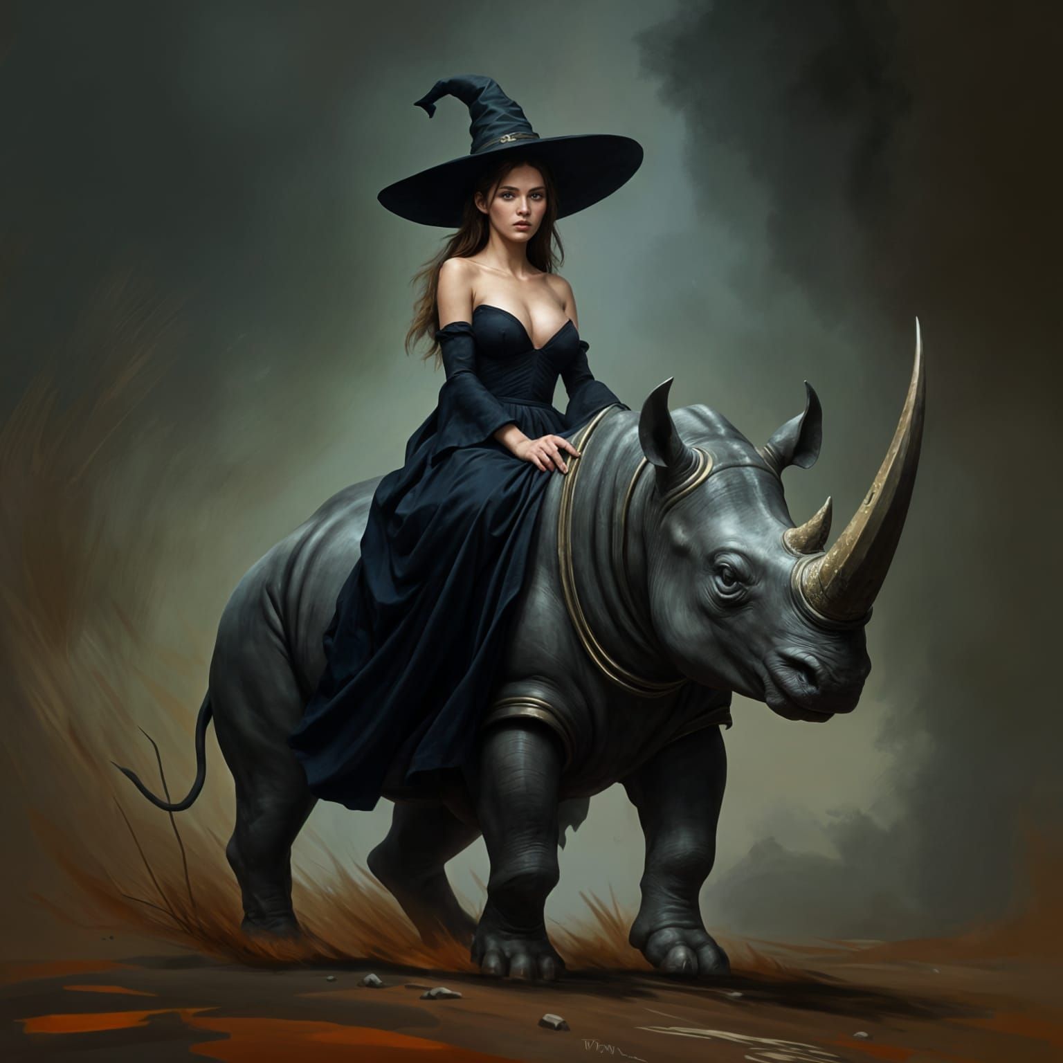 Mystical Female Rider on a Menacing Rhinoceros in a Dramatic...