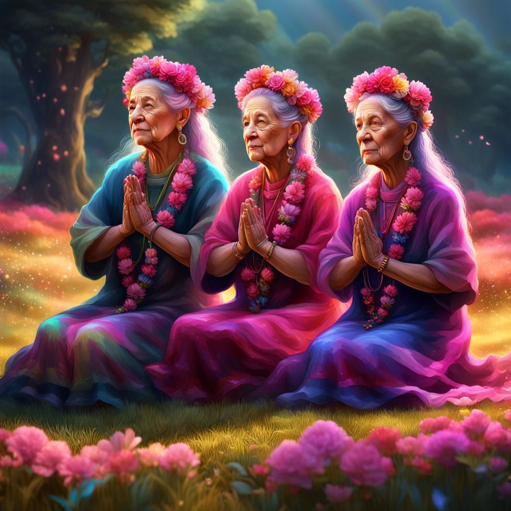 Three Women Praying: Detailed 3D Matte Painting