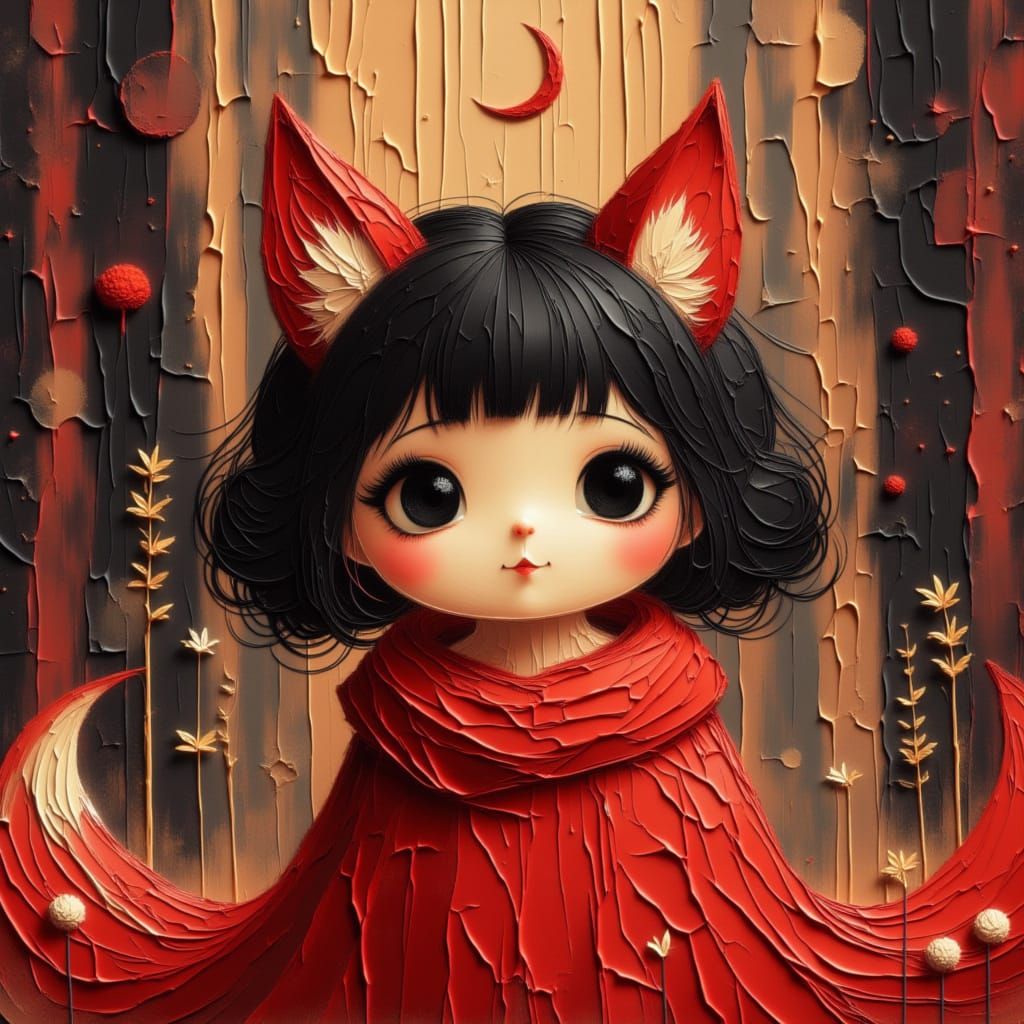 Studio Ghibli. An adorable half-Chinese infant girl with big black eyes and tiny red fox ears, swaddled in a red blanket...