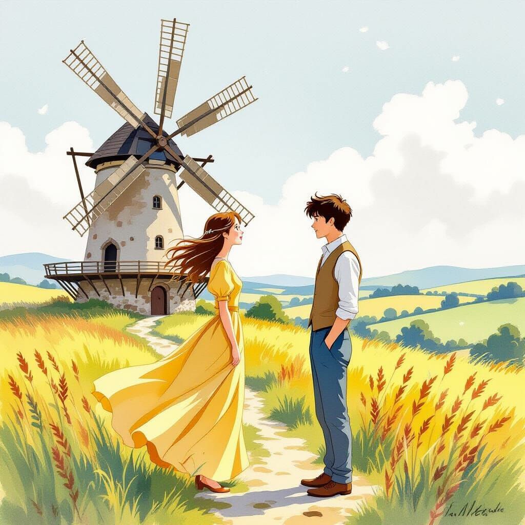Couple Chatting by Windmill in Watercolour Style