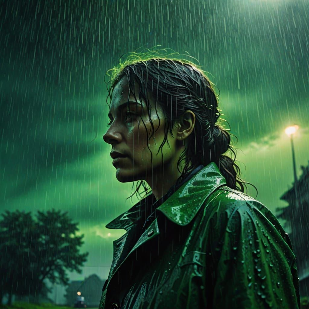 Surreal Silhouette in Rainy Landscape as Oil Painting