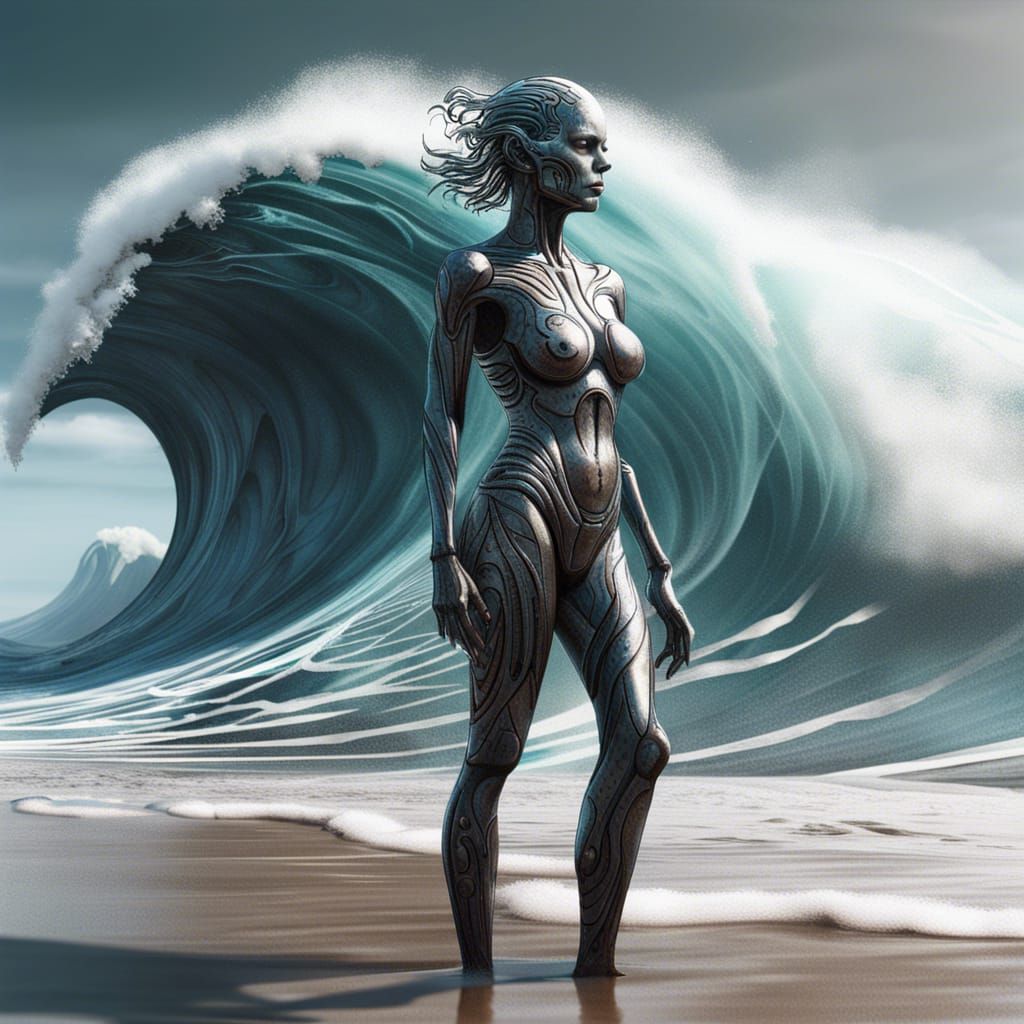 Cyborg Surfer on Huge Wave, Expressionist Concept Art