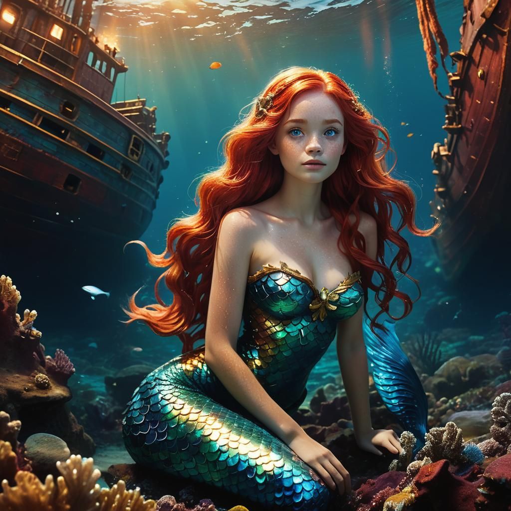 Mermaid Beside Sunken Ship: Fantasy Concept Art