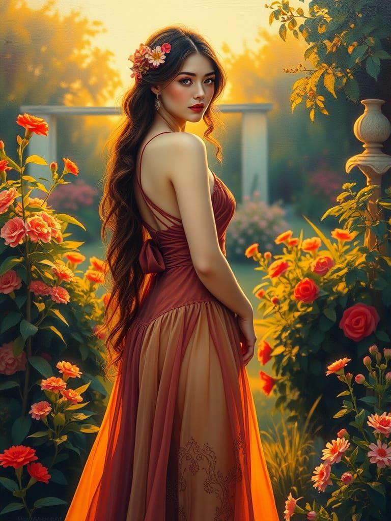 Muse in Garden: Vibrant Art Nouveau Oil Painting