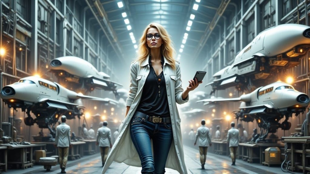 Beautiful Engineer Inspects Drone Factory in Sci-Fi Style