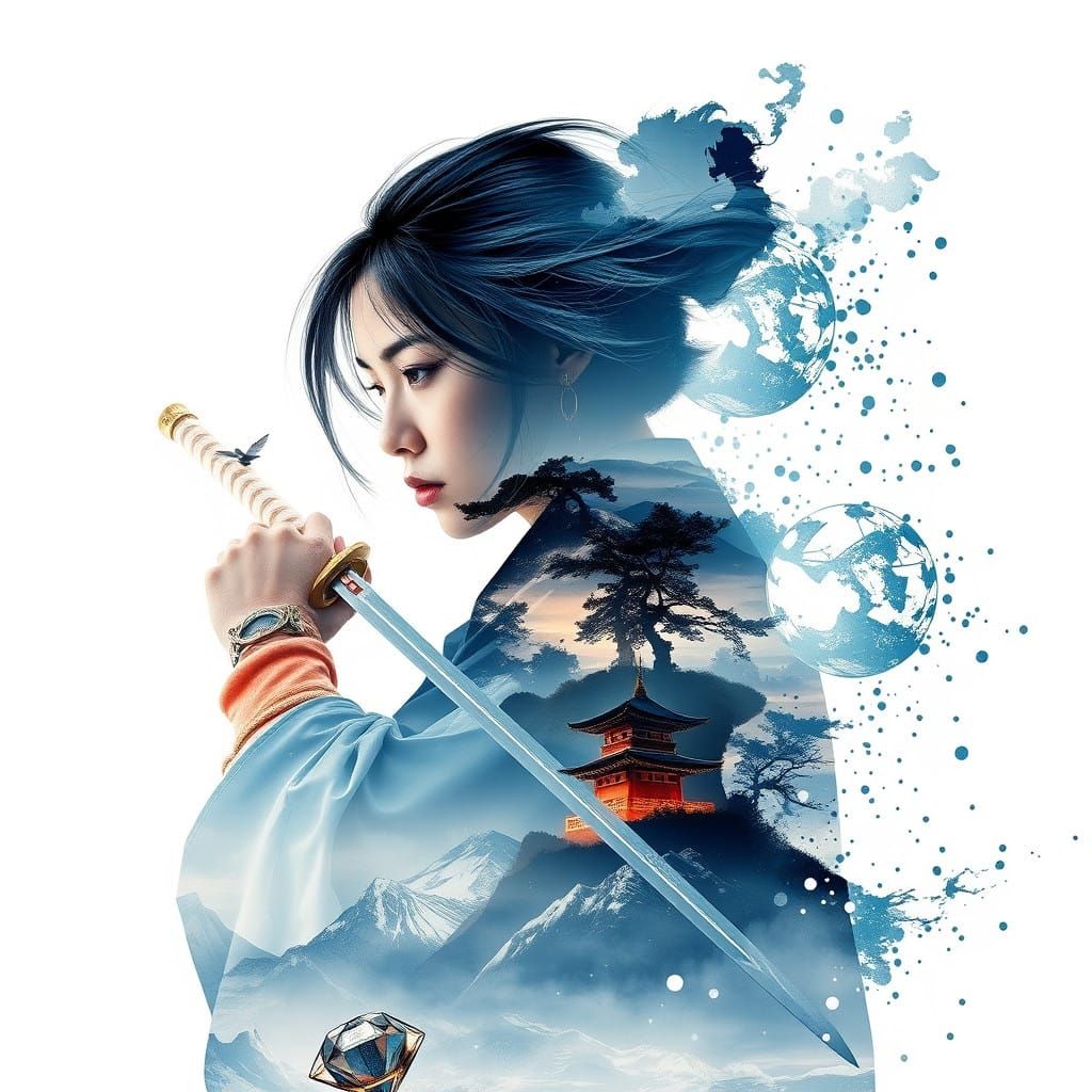 Swordmaster, Double Exposure Portrait in Watercolor