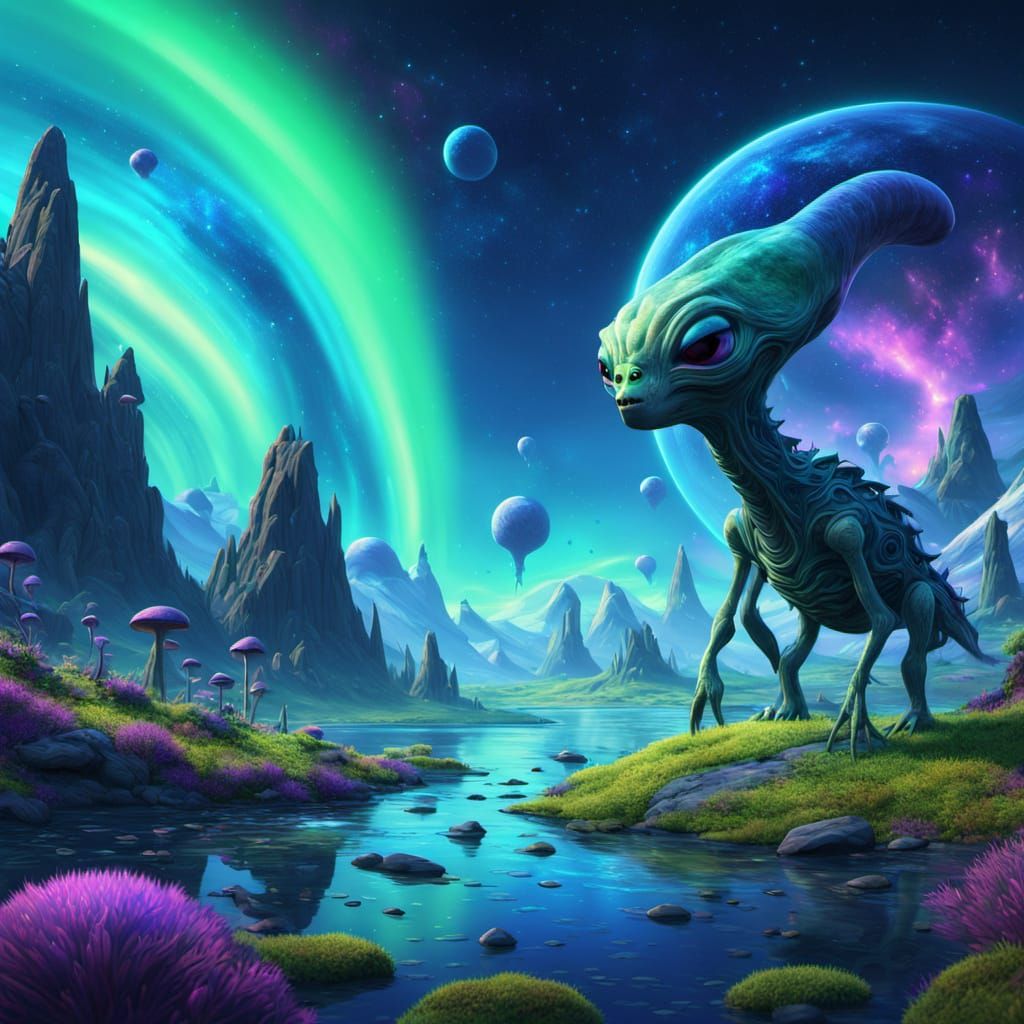 Alien Creature in Surreal Landscape with Glowing Patterns