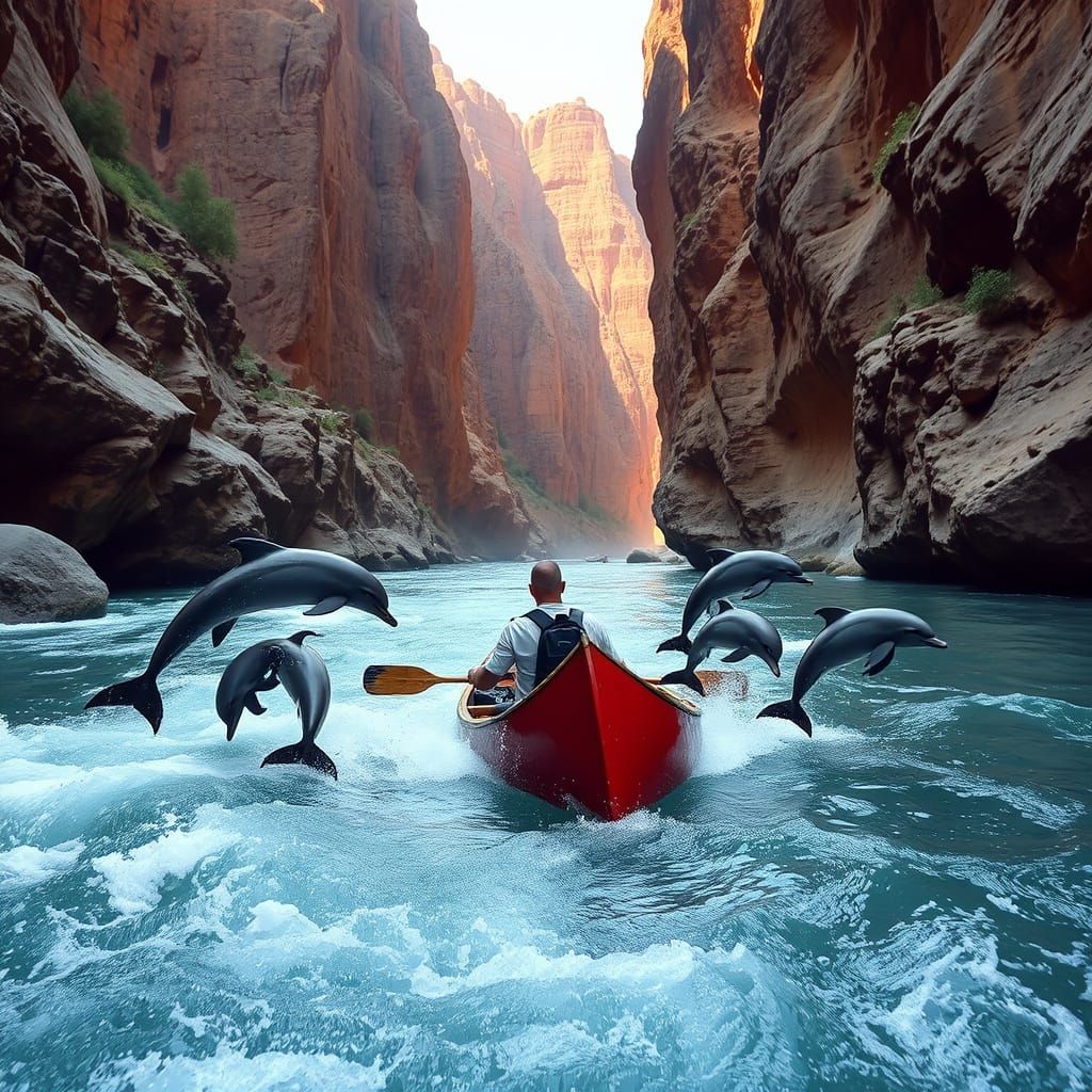 Canoeist Navigates River Rapids Accompanied by Dolphins