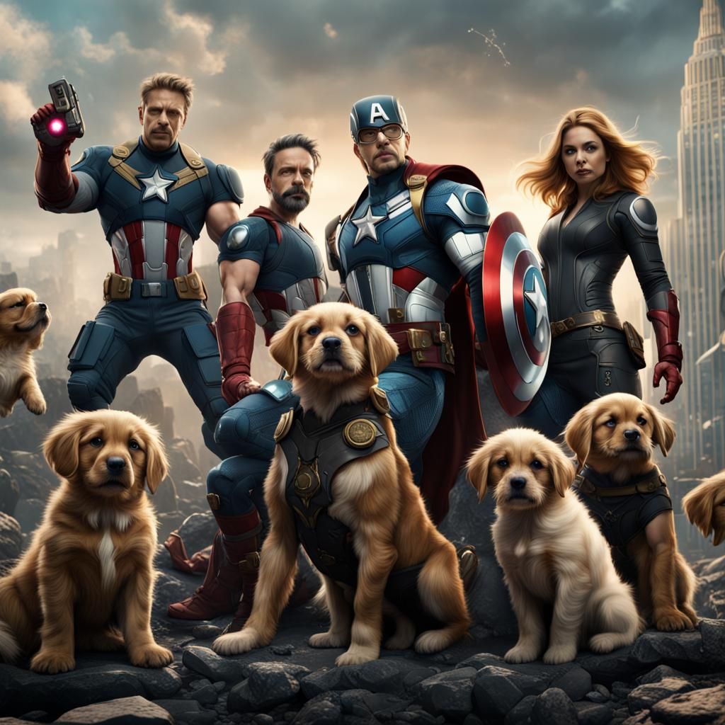 Avengers Assemble with Puppies: Detailed Matte Painting