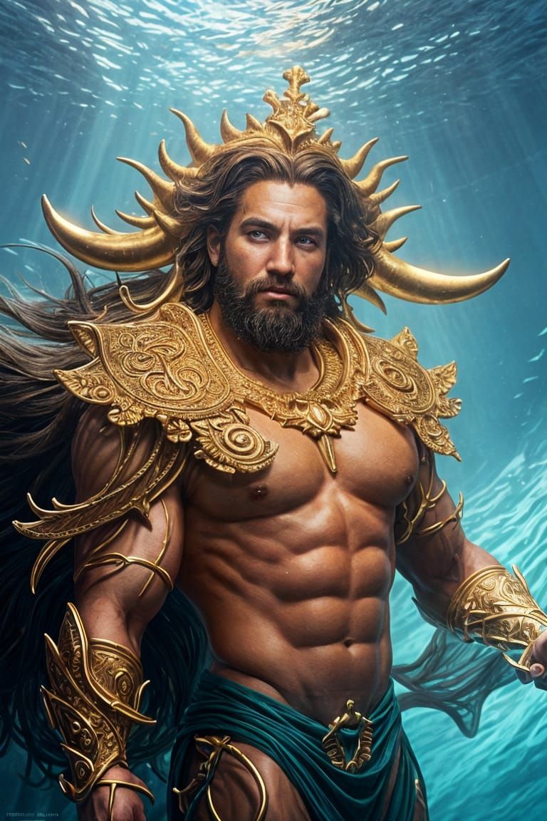 Majestic King Neptune on Coral Throne, Digital Art