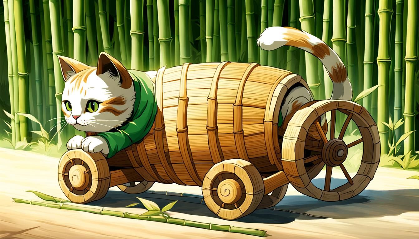 Bamboo Cat Sculpture with Ancient Wooden Wheels