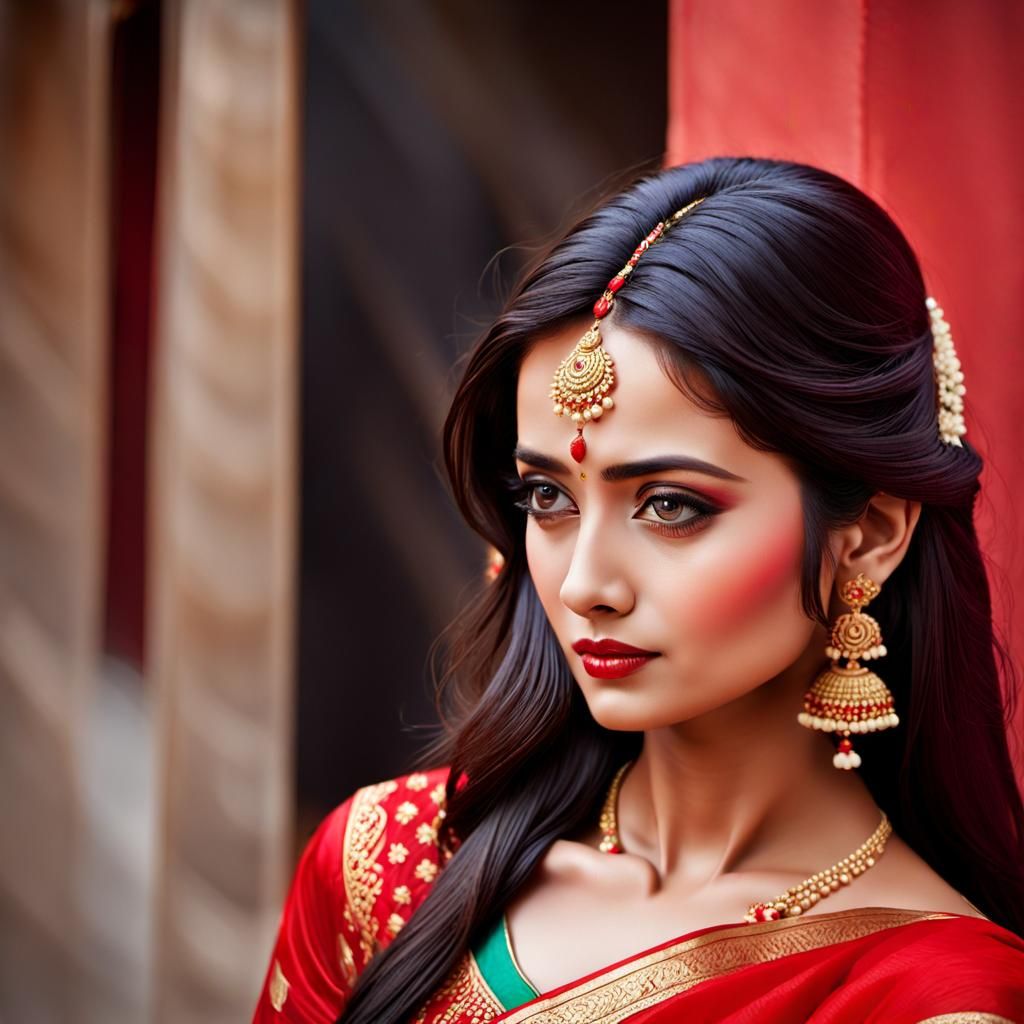 Beautiful Woman in Red Saree, High Resolution