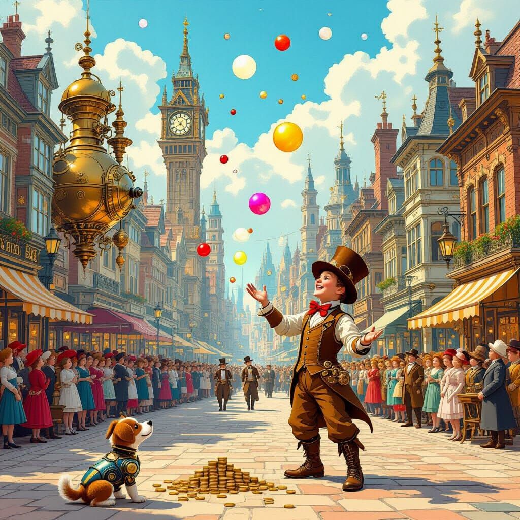 Steampunk Victorian City Square With Juggler and Mechanical ...