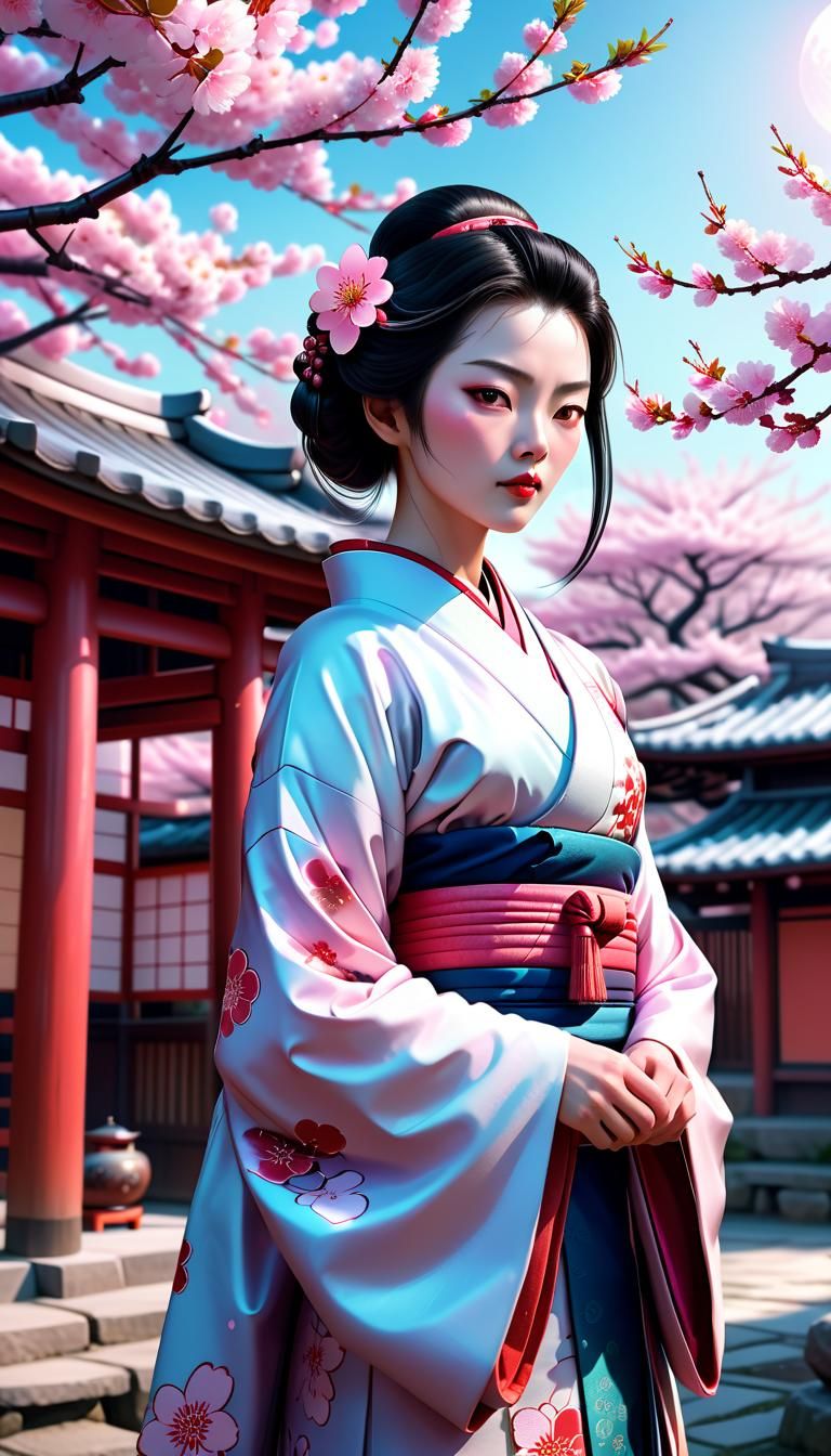 Kimono Woman in Tea House: 3D Digital Art