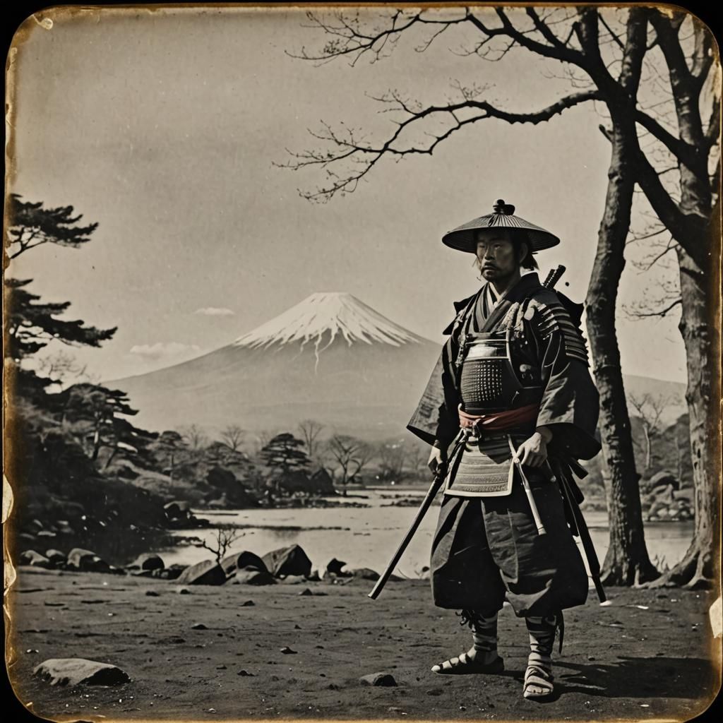 Samurai Standing Before Fuji, 1850s Photography Style