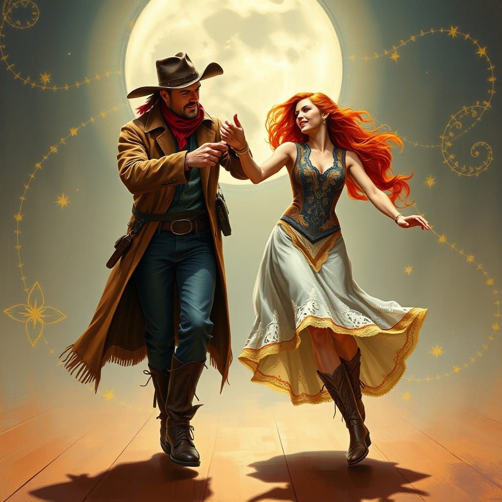 Vibrant Cowboy Scientist Twirls Redhead Celtic Woman in Moon...