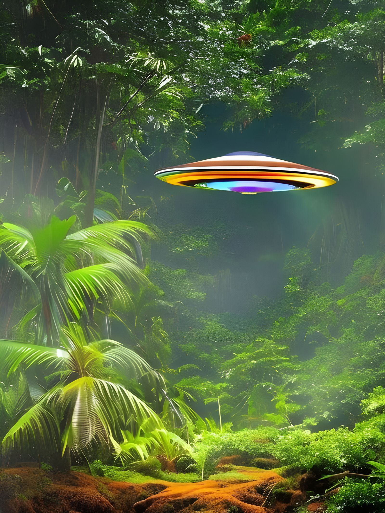 Flying Saucer in Jungle with Alien Lights