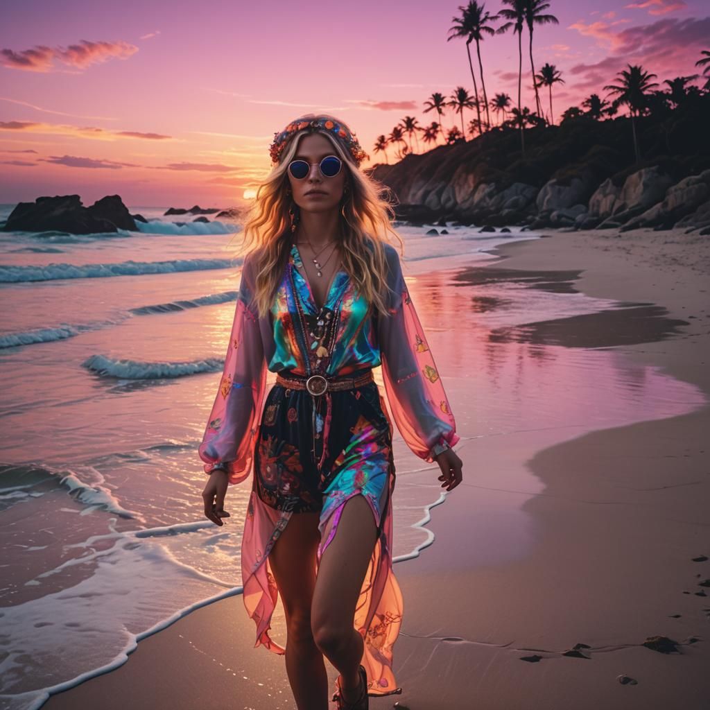 Blonde Hippie Chick on Magical Beach: Synthwave Neon