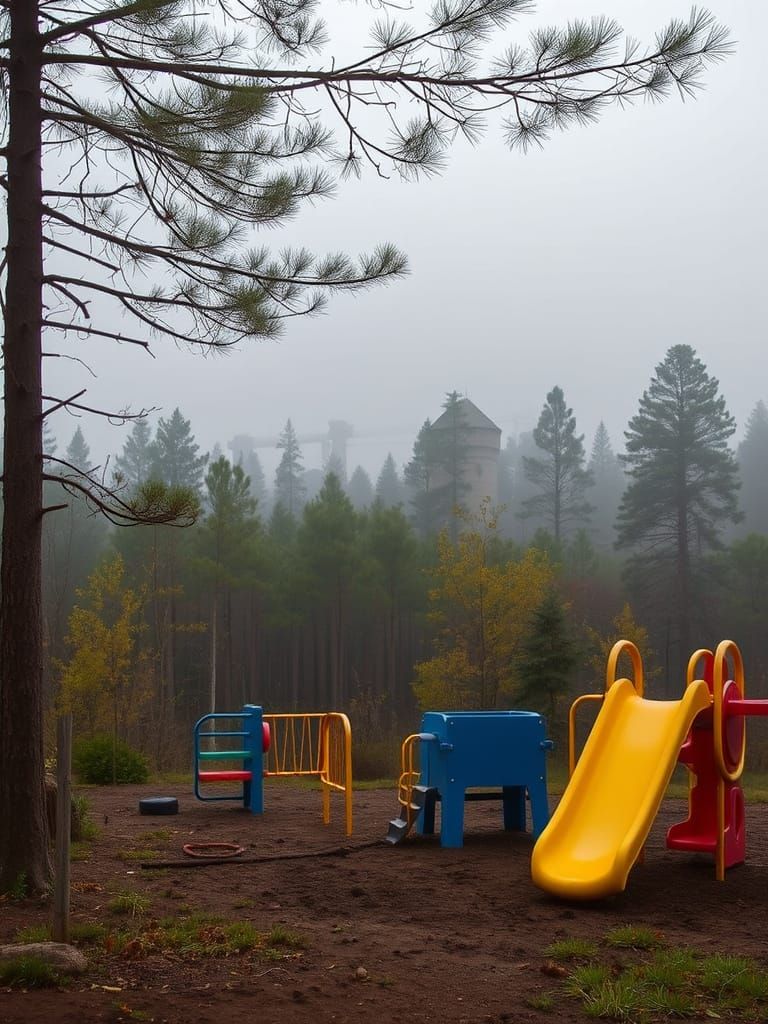 Chernobyl Power Station Overlooking Foggy Playground