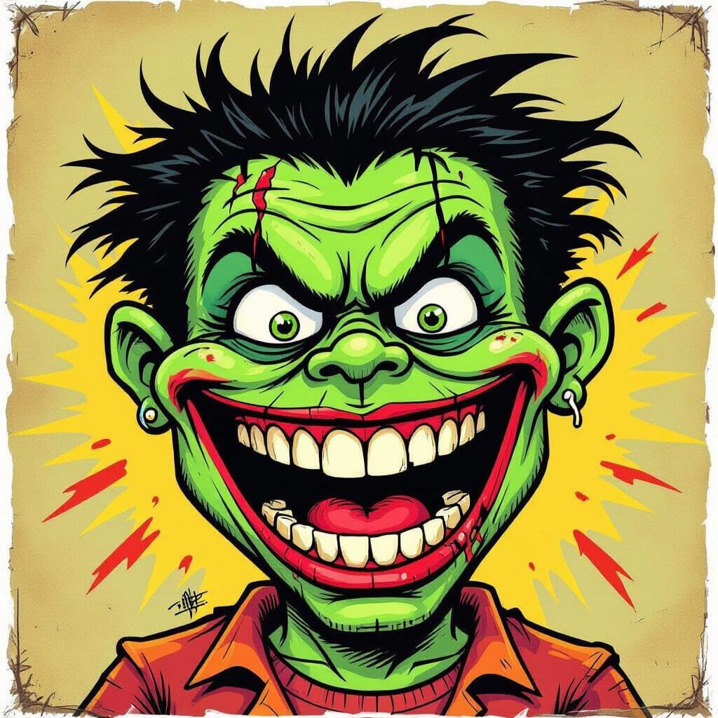 Grotesque Grinning Character in Garbage Pail Kids Style
