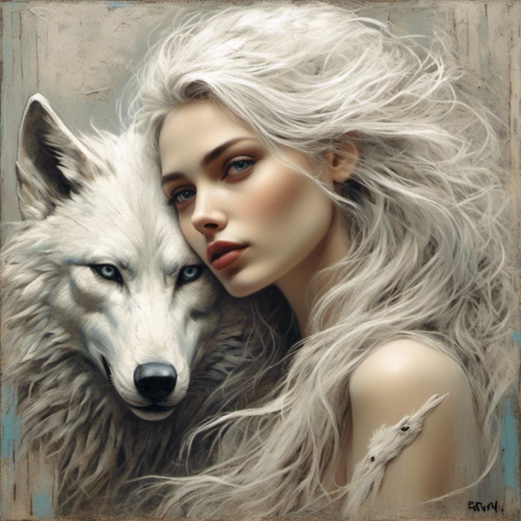 Chalk Art: Woman with White Wolf