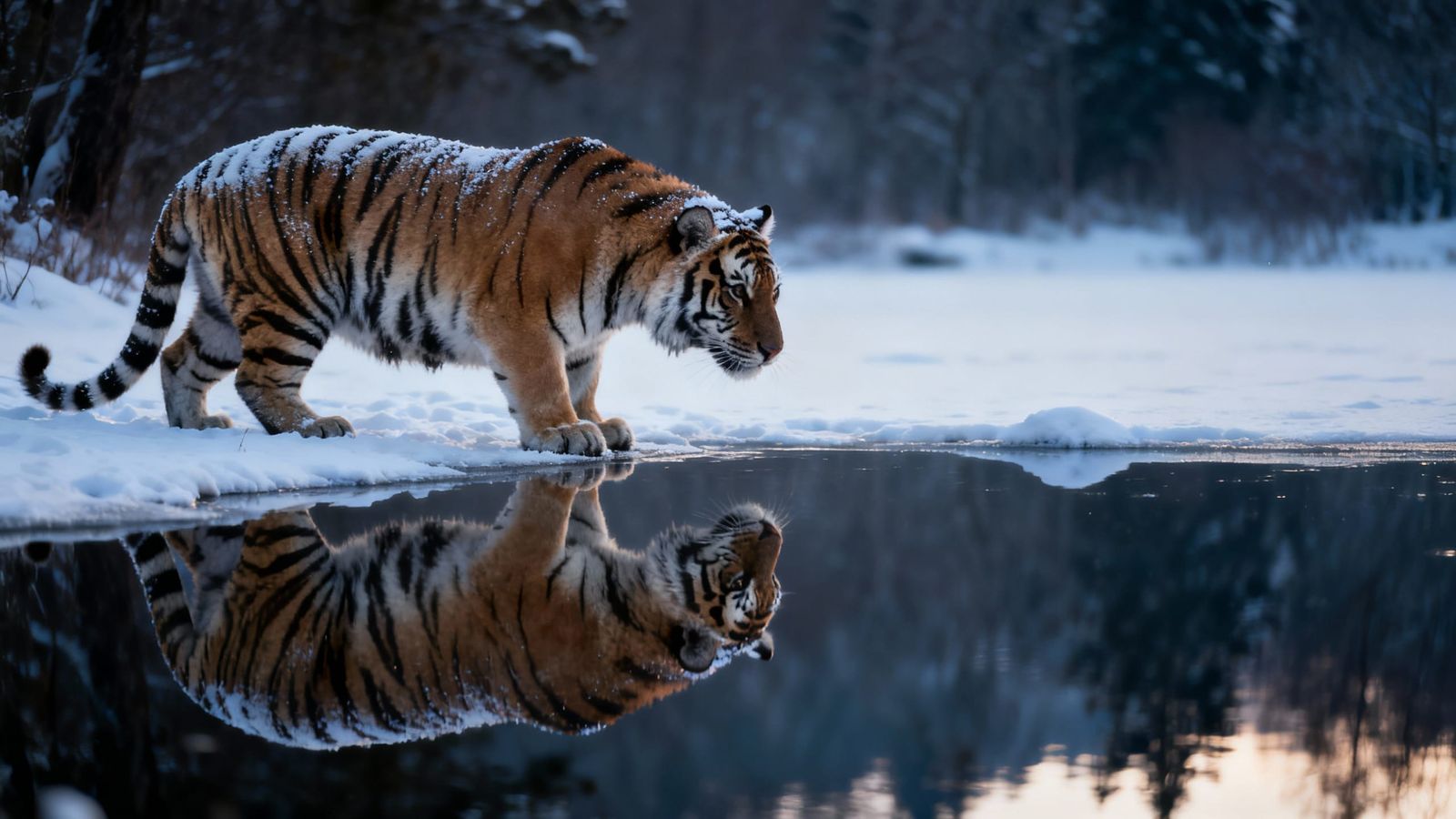 Siberian Snow Tiger Reflects in Winter Lake