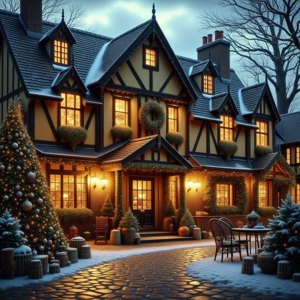 Cozy English Cottage at Christmas with Tree