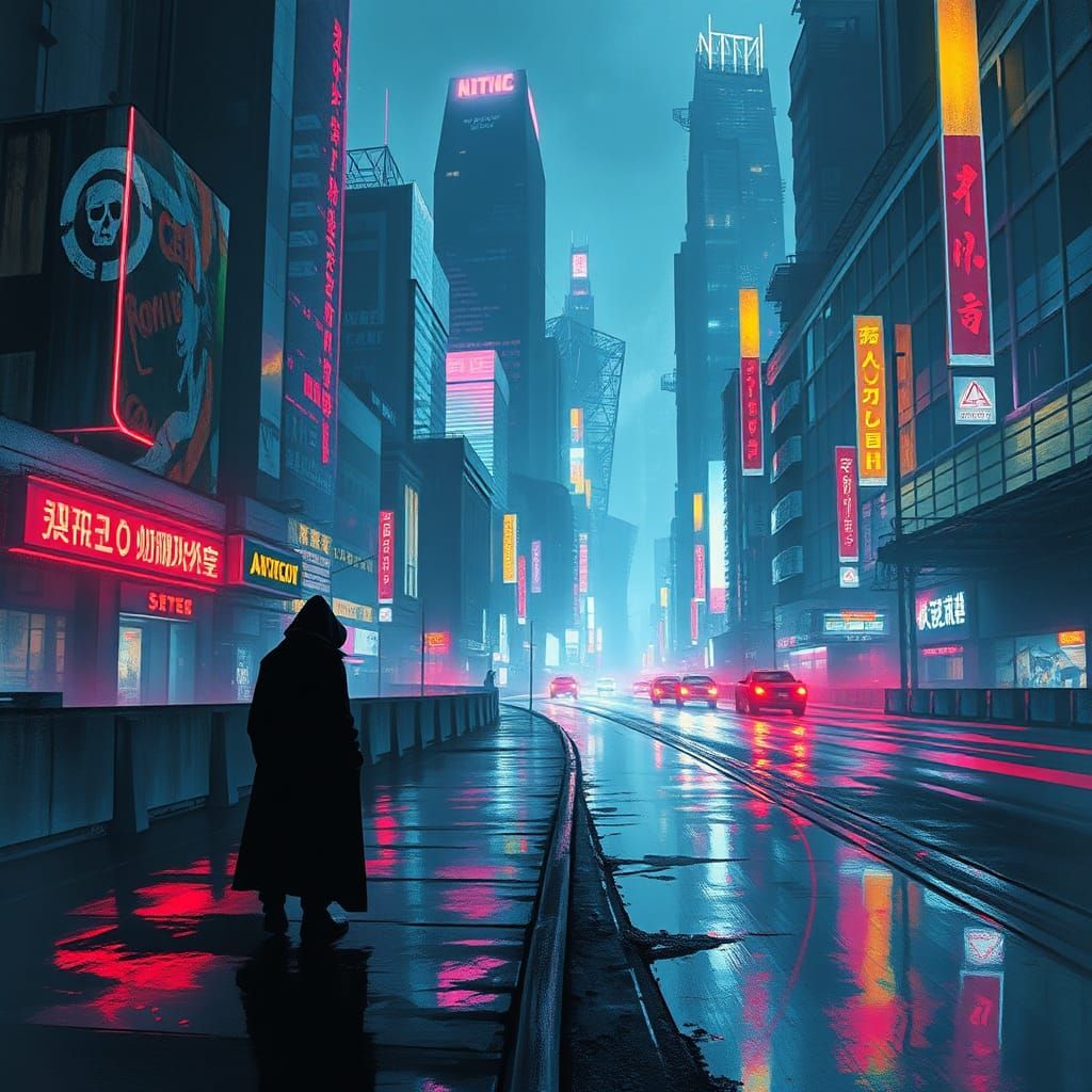 Futuristic Outcast in Neon Cityscape, Cyberpunk Style