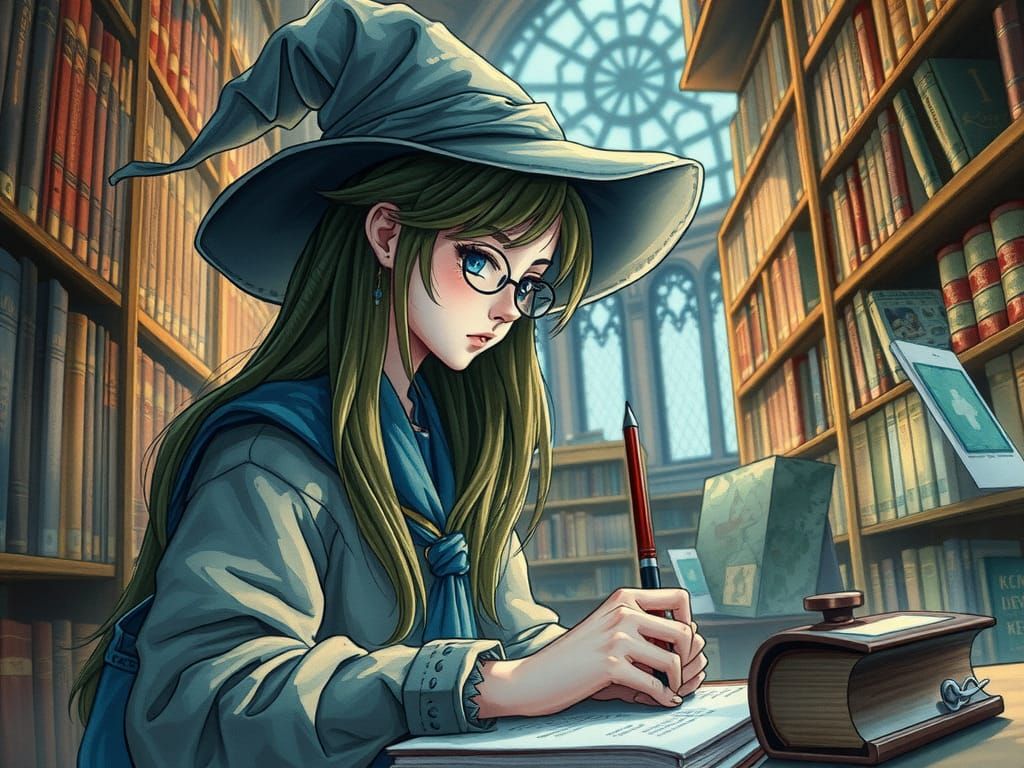 Wizard Student Girl Studying: Stylized Watercolor Art