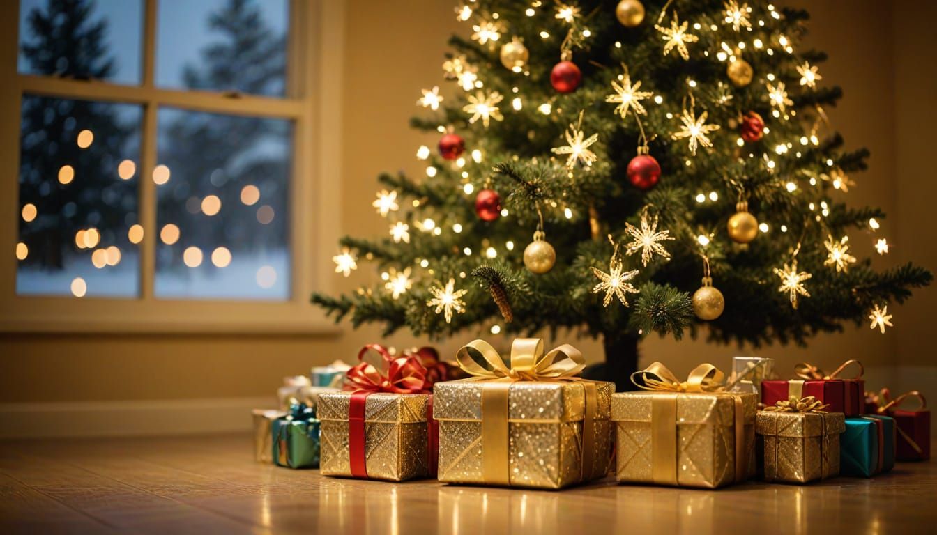 Festive Christmas Tree with Golden Lights and Gifts