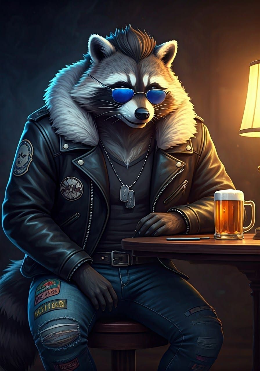Anime Raccoon Biker in Smoky Bar, Detailed 3D Art