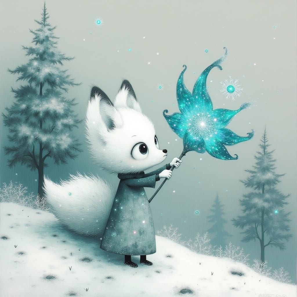 Whimsical Snow Fox in Crystal Ice Wonderland