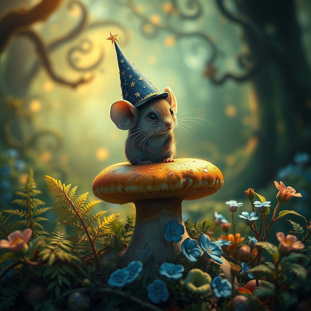 Mouse King on Mushroom Throne in Surrealist Style
