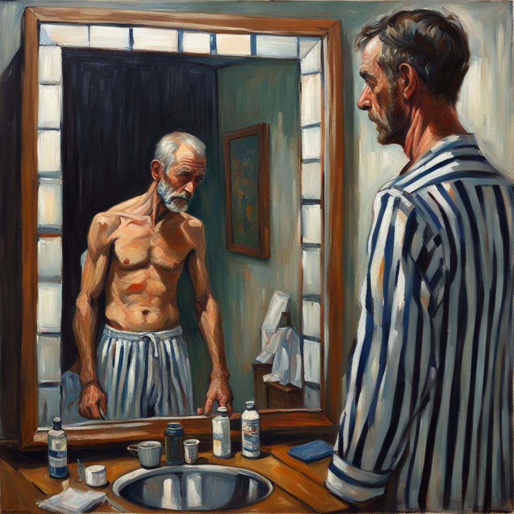 Skeletal War Survivor Contemplates Self in a Haunting Oil Po...